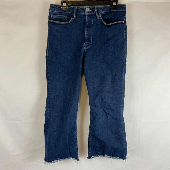 Frame Le One Crop Mini Boot Jeans 2 Blue Wash Raw Rolled Hem Stretch 30-34 - Picture 1 of 11